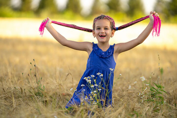 A six-year-old girl is holding her pigtails in the field.