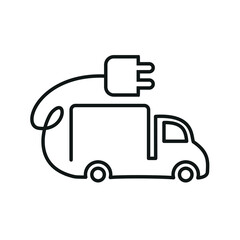 Truck and van icon with a wire with a socket for charging. Electric car icon in thin lines