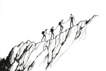   People helping each-other hike up a mountain, Giving a helping hand, and active fit lifestyle concept, Hand Drawn Sketch  , Generative AI illustration - obrazy, fototapety, plakaty
