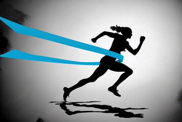   Woman running past finish line  , Generative AI illustration
