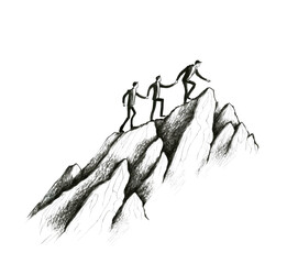  People helping each-other hike up a mountain, Giving a helping hand, and active fit lifestyle concept  , Generative AI illustration - obrazy, fototapety, plakaty