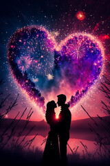 Obraz premium Couple in embrace under heart shape made out of fireworks , Generative AI illustration