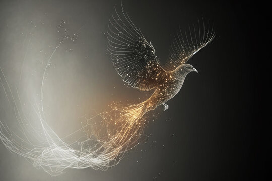 Wireframe Peace dove sign mesh from a starry on blue background. International Peace Day, Low poly style design, Generative AI illustration