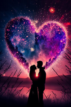 Couple in embrace under heart shape made out of fireworks  , Generative AI illustration
