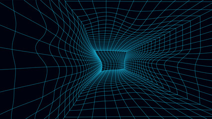 Wireframe deformed room on the white background. Optical illusion. Vector perspective glitch grid. Box with digital space.