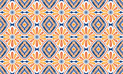 Ethnic Abstract Background cute Yellow blue Flower geometric tribal ikat folk Motif Arabic oriental native pattern traditional design carpet wallpaper clothing fabric wrapping print batik folk vector