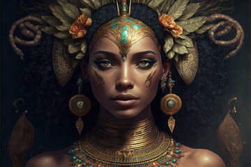 Portrait of an ancient Egyptian goddess. Beautiful young girl with the style of ancient Egypt. AI - obrazy, fototapety, plakaty