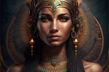 Portrait of an ancient Egyptian goddess. Beautiful young girl with the style of ancient Egypt. AI - obrazy, fototapety, plakaty