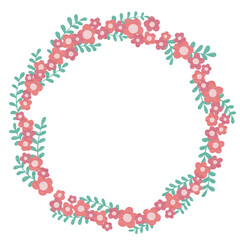 Pink flower and fern leaves wreath illustration for decoration on spring season and Easter festival.