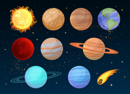 Cartoon Solar System planets collection, set. Sun, Mercury, Venus, Earth, Mars, Jupiter, Saturn, Uranus, Neptune comet icons isolated on starry sky background. Vector outer space 