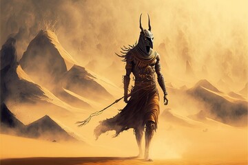 Ancient Egyptian god of death Anubis in the desert. Anubis is the lord of the elements of sand. Desert landscape. History of Ancient Egypt. AI - obrazy, fototapety, plakaty