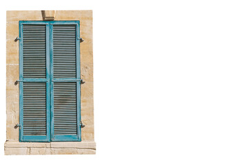 Closed window with blue wooden shutters. Italian style in architecture. Isolated on white background. Space for text.
