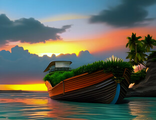 Old boat sailing next to a tropical island, generated ai artwork