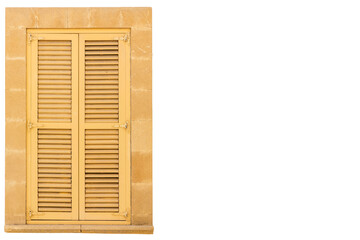 Closed window with yellow wooden shutters. Italian style in architecture. Isolated on white background. Space for text.