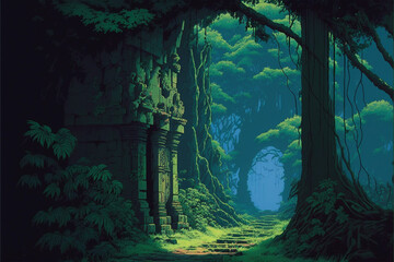 Mysterious building in the jungle. Superb anime-styled and DnD environment