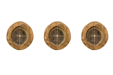 Round windows with stone edging. Ancient oriental style in architecture. Isolated on white background. Collage, set.