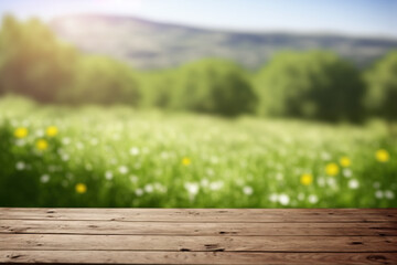 Empty wooden table surface with copy space, spring meadow background. AI