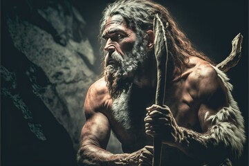 Primeval Caveman,Neanderthal Family , ai generated - obrazy, fototapety, plakaty