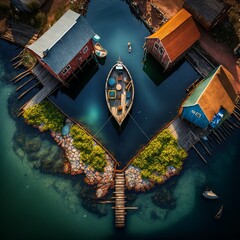 Aerial view of small fishing farm. Generative AI.