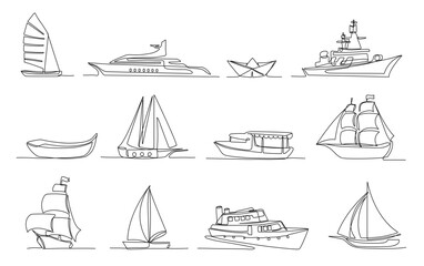 One continuous line boats. Sailboat, military warship, paper boat, sea ship and luxury yacht isolated outline vector illustration set - obrazy, fototapety, plakaty