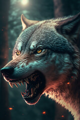 scary wolf closeup portrait with mouth open and sharp teeth. generative ai