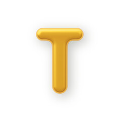 3D Gold uppercase letter T on a white background.