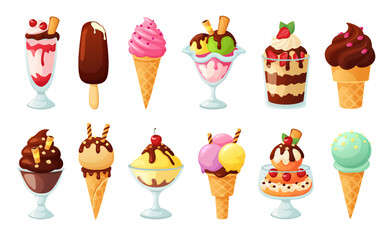 Ice cream desserts. Sundae topped with syrup, sweet sprinkles, berries and fruits. Tasty cold dessert in glass cartoon vector set