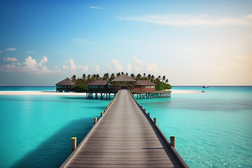 Fototapeta premium pier and bungalows with turquoise water at summer in maldives island. Vacation concept. generative ai