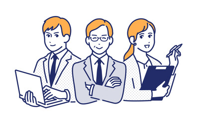 チームで働く3人のビジネスパーソンのシンプルなベクターイラスト素材