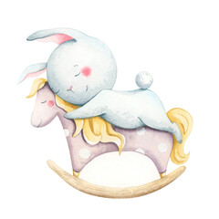 Cute plush bunny riding a hand drawn rocking horse.