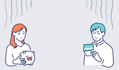 お金が無くて悩む若い男女のシンプルなベクターイラスト素材