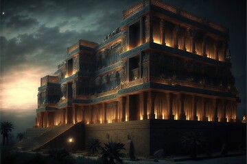 Architecture of Ancient Babylon, ancient temple, neon illumination, moonlight, sunset. Fantasy landscape stone majestic temple. AI - obrazy, fototapety, plakaty