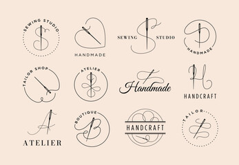 Needle and thread emblem. Sewing studio label, tailor shop and handcraft atelier boutique tag vector illustration set - obrazy, fototapety, plakaty