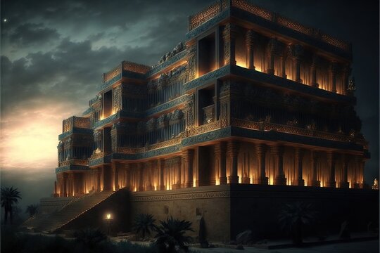 Architecture of Ancient Babylon, ancient temple, neon illumination, moonlight, sunset. Fantasy landscape stone majestic temple. AI