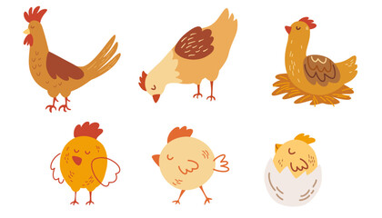 Farm animals. Chicken, rooster and chicks. Domestic chicken set. Cute farm animals vector cartoon illustration isolated the white background. 
