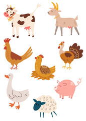 Farm animals. Cow, goat, turkey, rooster, chicken, sheep, goose, pig. Set of farm and countryside. Perfect for printing, logo, logo and product for products. Vector cartoon illustration.
