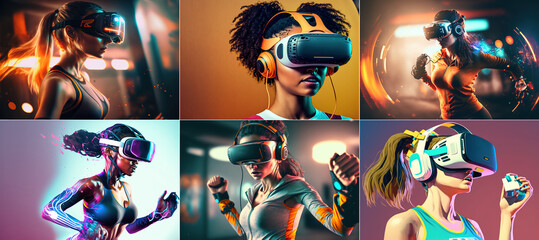 Fototapeta Games and entertainment of the digital technology metaverse of the future, a young creative woman wearing a headset. Getting into the metaverse. Sporty young woman playing virtual reality. AI obraz