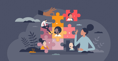 Community organization with work for social wellbeing tiny person concept. Team members joined together in collaboration, partnership or connection for collective society projects vector illustration