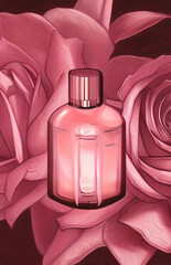 Perfume on a background of roses