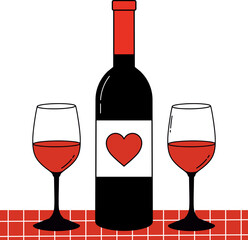Hand drawn vector illustration two glasses and a bottle of red wine with hear, valentine's day date.