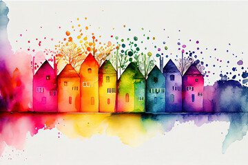 Multi-colored beautiful houses, funny rainbow buildings with a place for an inscription on a white background