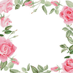 watercolor blooming rose branch flower bouquet wreath frame square banner background