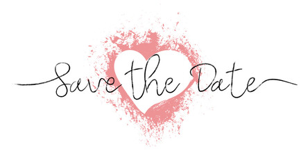Save the date brush hand lettering with heart. Wedding phrase. Typography vector design for greeting cards, invitations and poster. Handwritten modern black pen lettering. Black text with swashes