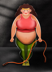 Overweight woman doing sports with jump rope