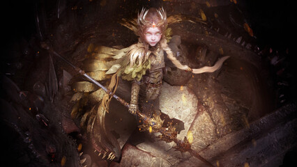 A young holy girl Valkyrie, she is a dragon fighter who defeated a giant black crystal dragon with a sacred spear, looks up from a dark cave into which sunlight falls, 2d epic fantasy art © warmtail