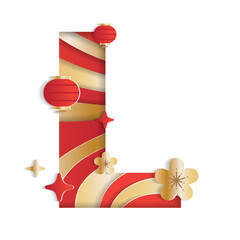 Letter L Alphabet Font Chinese New Year Concept Character Font Letter Abstract Paper Flower Lantern Lunar Festival Element Sparkle Gradient Red Gold 3D Paper Layer Cutout Card Vector Illustration