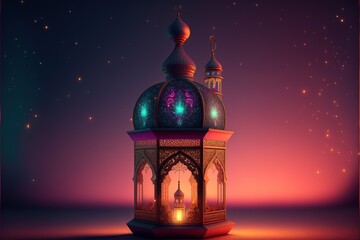 Fototapeta premium Night oriental lantern in traditional Arabic style, neon light, bright oriental lantern. Decor holiday Ramadan. AI