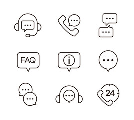 Set of shopping mall related line icons such as consultation, call, call, inquiry, conversation, chat, question, answer in simple and minimal style. - obrazy, fototapety, plakaty