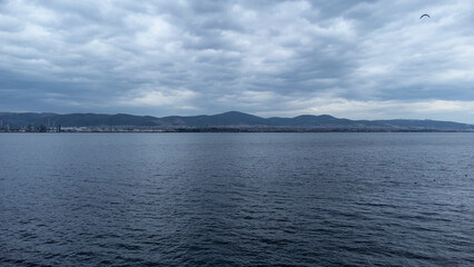 Oil refinery plant. Petrochemical factory and merchant ships in Gulf of Kocaeli Izmit Turkey. Factory causing environmental disaster with chemical gas. Noise and grain included. Selective focus