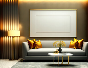 Mockup Empty Poster Frame in a Living Room Interior 3D  Backdrop Vorlage Layout Generative AI Digital Art 